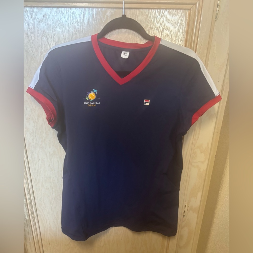 Fila Blue Red V-neck Athletic‎ Women Shirt Size L/XL? BNP Paribas Tennis